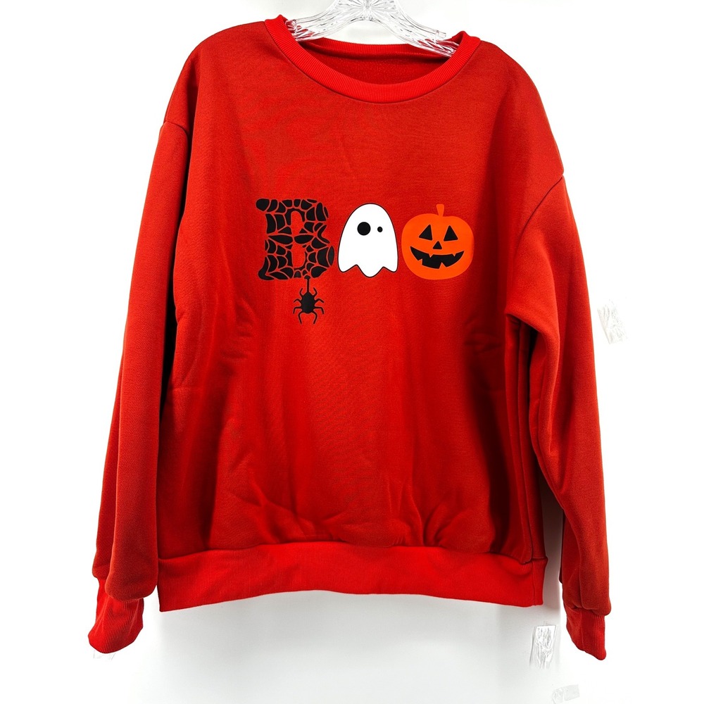 Halloween Boo Ghost Pumpkin Orange Fleece Sweatshirt Women L Graphic Pullover